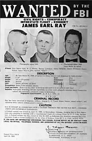 "FBI's Most Wanted" poster for James Earl Ray, who was later convicted of murdering King