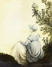 A sketch of a woman from the back sitting under a tree and wearing early 19th-century British clothing and a hat