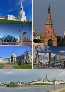 Left to right, top to bottom: Spasskaya Tower, Söyembikä Tower, Qol Sharif Mosque, Farmers' Palace, Epiphany Cathedral, view of Kazan