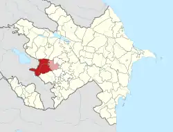 Map of Azerbaijan showing Kalbajar (red) district. Part of the district (light red) is controlled by the self-proclaimed Republic of Artsakh, as part of the local Martakert Province