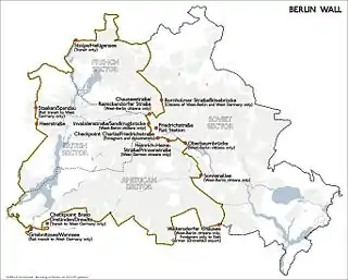 Where the Berlin Wall was inside Berlin (Checkpoints, or places that people could cross the wall, are shown).