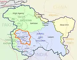 Kashmir Valley (orange bordered) lies in Jammu & Kashmir state of India