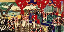 Formal beginning of the Meiji Constitution, 1889. Woodblock print by Toyohara Chikanobu.