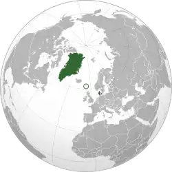 Location of the Kingdom of Denmark (green), including Greenland, the Faroe Islands (circled), and Denmark proper