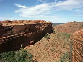 Photograph of a gorge in copper-coloured rock. Eroded rocks form a slope down to the valley floor, which is covered in trees.