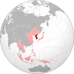 Map shows Korea (dark red) within the Empire of Japan (light red) at its furthest extent