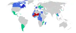 Members of and participants in La Francophonie. In addition to countries, Belgian and Canadian subdivisional memberships are also represented.