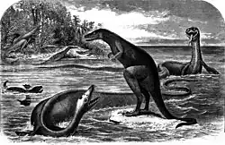 In this drawing there is a snake-like dinosaur. Its flippers are upside-down. It is in shallow water with and another snake-like dinosaur and a dinosaur shaped like a kangaroo standing on a coral reef and a vulture trying to swim. There is an island in the upper left corner with dinosaurs on it and giant ferns on it.