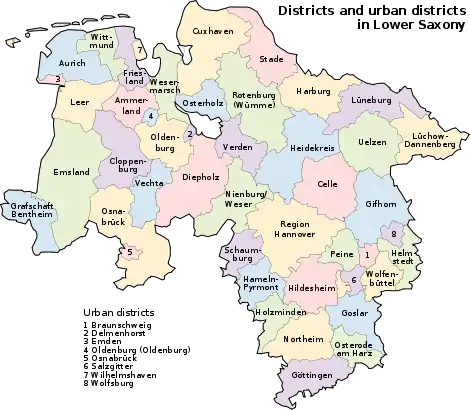 Map of Lower Saxony with the district boundaries