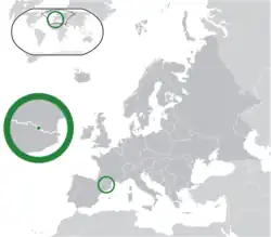 Location of  Andorra  (centre of green circle)on the European continent  (dark grey)  —  [Legend]