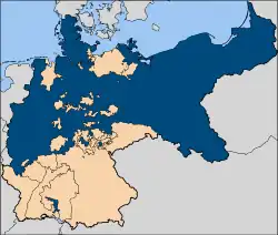 Prussia (in blue) at its height as the leading state of the German Empire