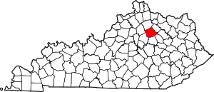 Map of Kentucky highlighting Bourbon County