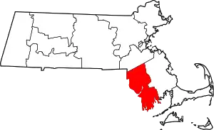 Map of Massachusetts highlighting Bristol County