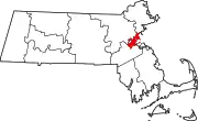 Map of Massachusetts highlighting Suffolk County