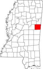 Map of Mississippi highlighting Noxubee County