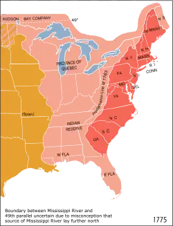 The Thirteen Colonies (shown in red) in 1775 with modern borders overlaid