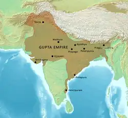 Map of the Gupta Empire c. 420 CE, according to Joseph E. Schwartzberg, with contemporary polities