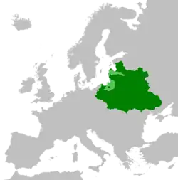 The Polish–Lithuanian Commonwealth (green) with vassal states (light green) at their peak in 1619