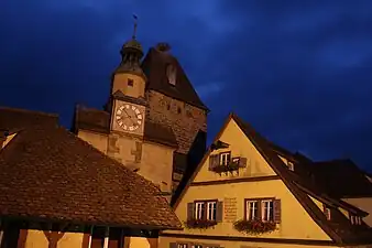 The Markus Tower in Rothenburg ob der Tauber at night.