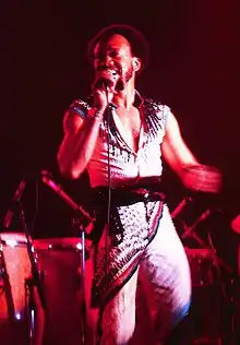 Maurice White performing in 1982, with Earth, Wind, and Fire at the Ahoy Rotterdam, The Netherlands.