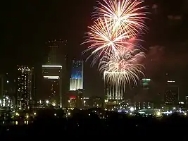 In addition to a fireworks show, Miami, Florida lights Miami Tower with the patriotic red, white and blue on Independence Day.