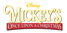 Mickey Mouse is standing at the left side of the image is holding a candle holder with a brightly burning candle, positioned on the right side of the image, with both of his hands. Mickey is wearing his traditional red shorts with white buttons and yellow shoes and as usual, is happily smiling. In the background on the left side of the picture stands a decorated Christmas tree with colorfully wrapped gifts lying under it. The video cover includes the film and company's title.