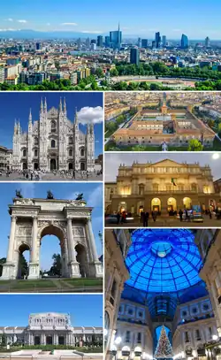 Clockwise from top: Porta Nuova, Sforza Castle, La Scala, Galleria Vittorio Emanuele II, Milano Centrale railway station, Arch of Peace and Milan Cathedral.