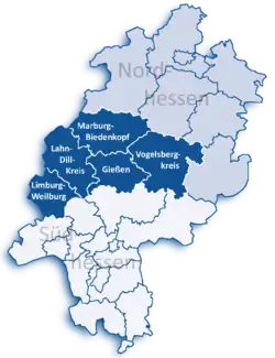 Map of Hesse highlighting the  Regierungsbezirk of Gießen