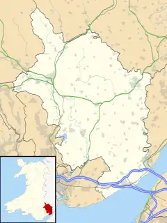 Map of Monmouthshire, with a red dot showing the position of Monmouthshire