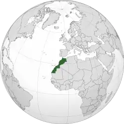 Dark red: Internationally recognized territory of Morocco.Lighter striped red: Western Sahara, a non-decolonized territory claimed by Morocco as its Southern Provinces.