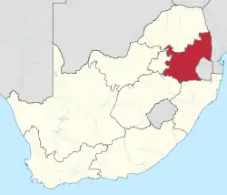 Map showing the location of Mpumalanga in the eastern part of South Africa