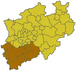 Map of North Rhine-Westphalia highlighting the  Regierungsbezirk of Cologne Government Region