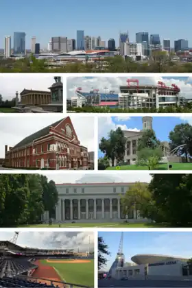 From top to  bottom, left to right: Nashville skyline, the Parthenon, Nissan Stadium, Ryman Auditorium, Tennessee State Capitol, Vanderbilt University's The Wyatt Center, First Horizon Park, Bridgestone Arena