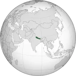 Image of a globe centred on Nepal, with Nepal highlighted.