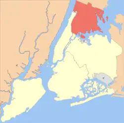 Location of the Bronx, shown in red, in New York City