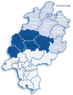 Map of Hesse highlighting the  Regierungsbezirk of Kassel