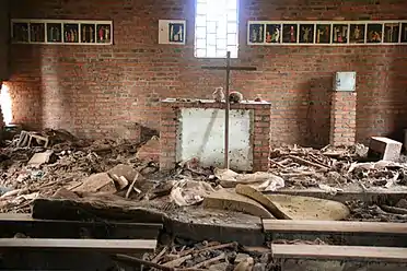 The Ntarama Church, left the way it looked after being attacked by militia.  People's bones were left where the victims died as a reminder of what happened