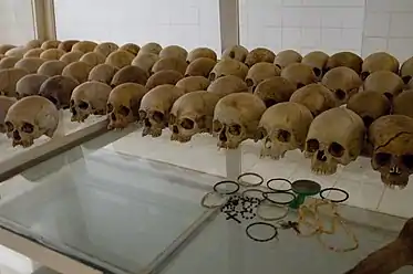 Skulls and personal items at the Nyamata Memorial Site