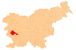 Map showing, in red, Ajdovščina