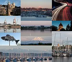 From top, and left to right: Old Capitol Building, East Olympia, Interstate 5 at the junction of U.S. Route 101, Port of Olympia, Downtown from Capitol Lake, Washington State Capitol, Salmon sculpture, Mount Rainier, Percival Landing Park, Olympic Mountains and Swantown Marina