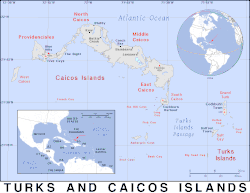 Location of  Turks and Caicos Islands  (circled in red)in the Caribbean  (light yellow)