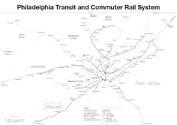 Rail lines converge to Center City Philadelphia in a hub-and-spoke model.