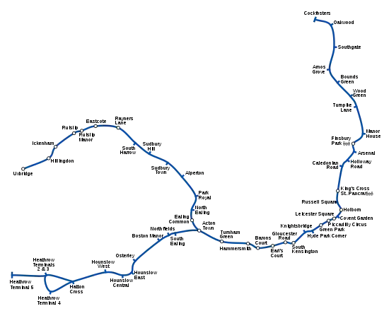 Geographically accurate path of the Piccadilly line