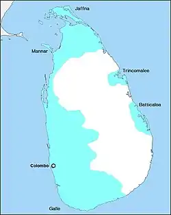 Extent of Portuguese rule in Ceylon