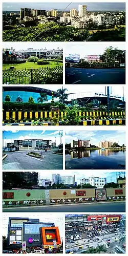 From left to right: - Kanke, Ranchi Railway Station, Rajendra Chowk, Birsa Munda Airport, JSCA International Cricket Stadium, Line Tank Pond, Kadru Flyover - Hotel Radisson Blue, Nucleus Mall, GEL Church Complex.