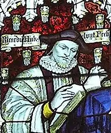 Hakluyt depicted in stained glass in the West Window of the South Transept of Bristol Cathedral – Charles Eamer Kempe, c. 1905.