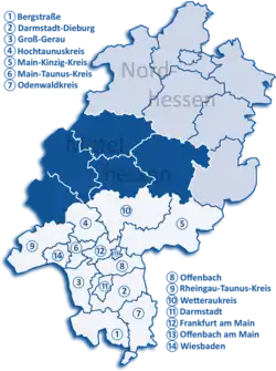 Map of Hesse highlighting the  Regierungsbezirk of Darmstadt