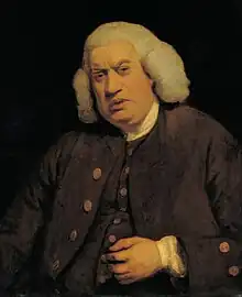 Half-length portrait of man wearing white wig and brown 18th-century suit. He is holding his left arm in front of him.