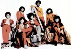 The "classic" members of the band in 1971.Left to right: Neal Schon, Gregg Rolie, Michael Shrieve, Michael Carabello, David Brown, Carlos Santana, José "Chepito" Areas.