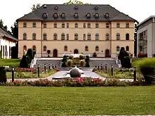 The rear façade of the palace in Lichtenstein.